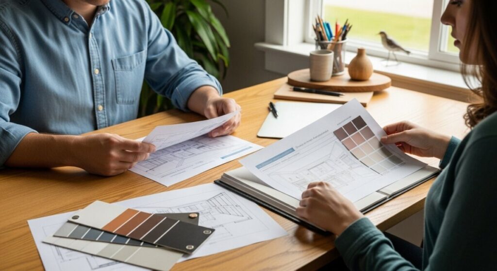 Homeowners reviewing insulation plans with an adviser