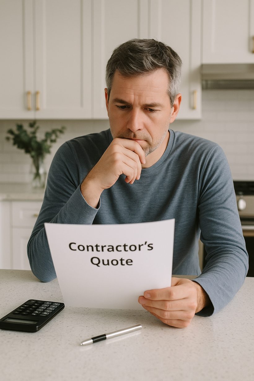Homeowner reviewing a confusing contractor quote at their kitchen table