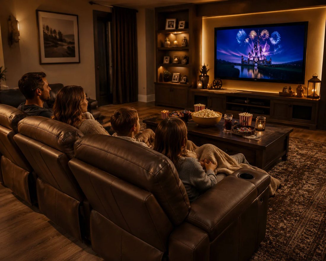 Family relaxing in a warm, cosy living room
